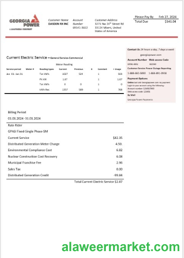 USA Georgia Power business utility bill template in Word and PDF formats, fully editable